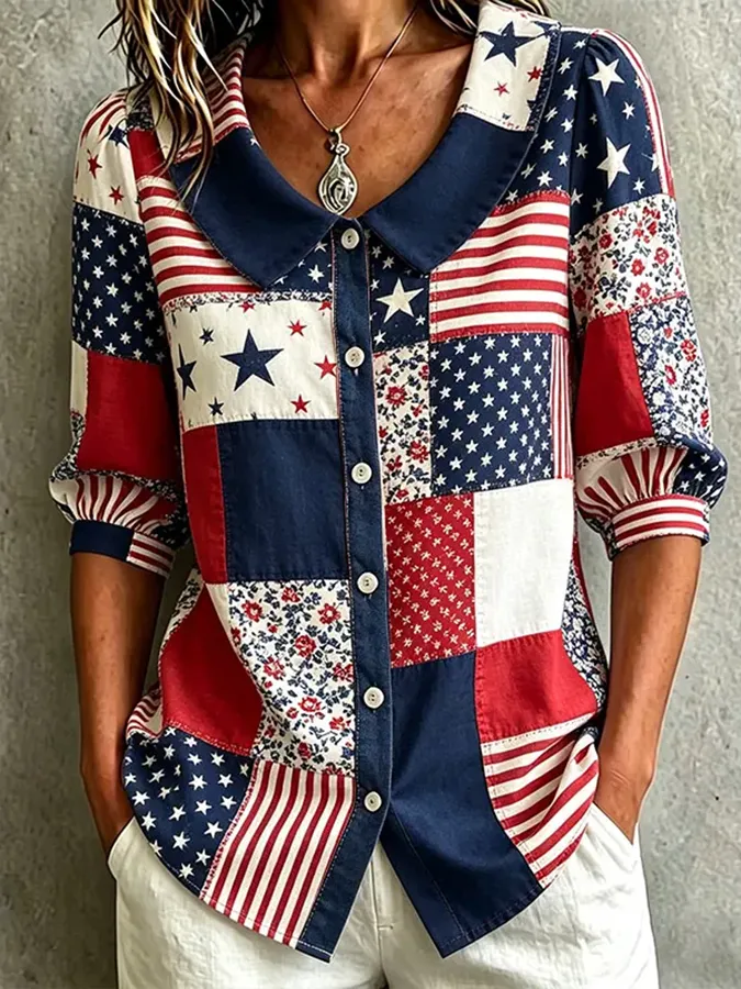 Women'S Casual Patriotic Cotton And Linen Shirt