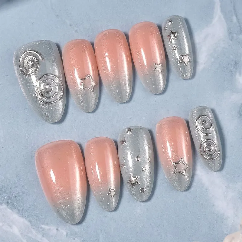 Nailhour 30Pcs Gradient Cat Eye Medium Almond French Press On Nails