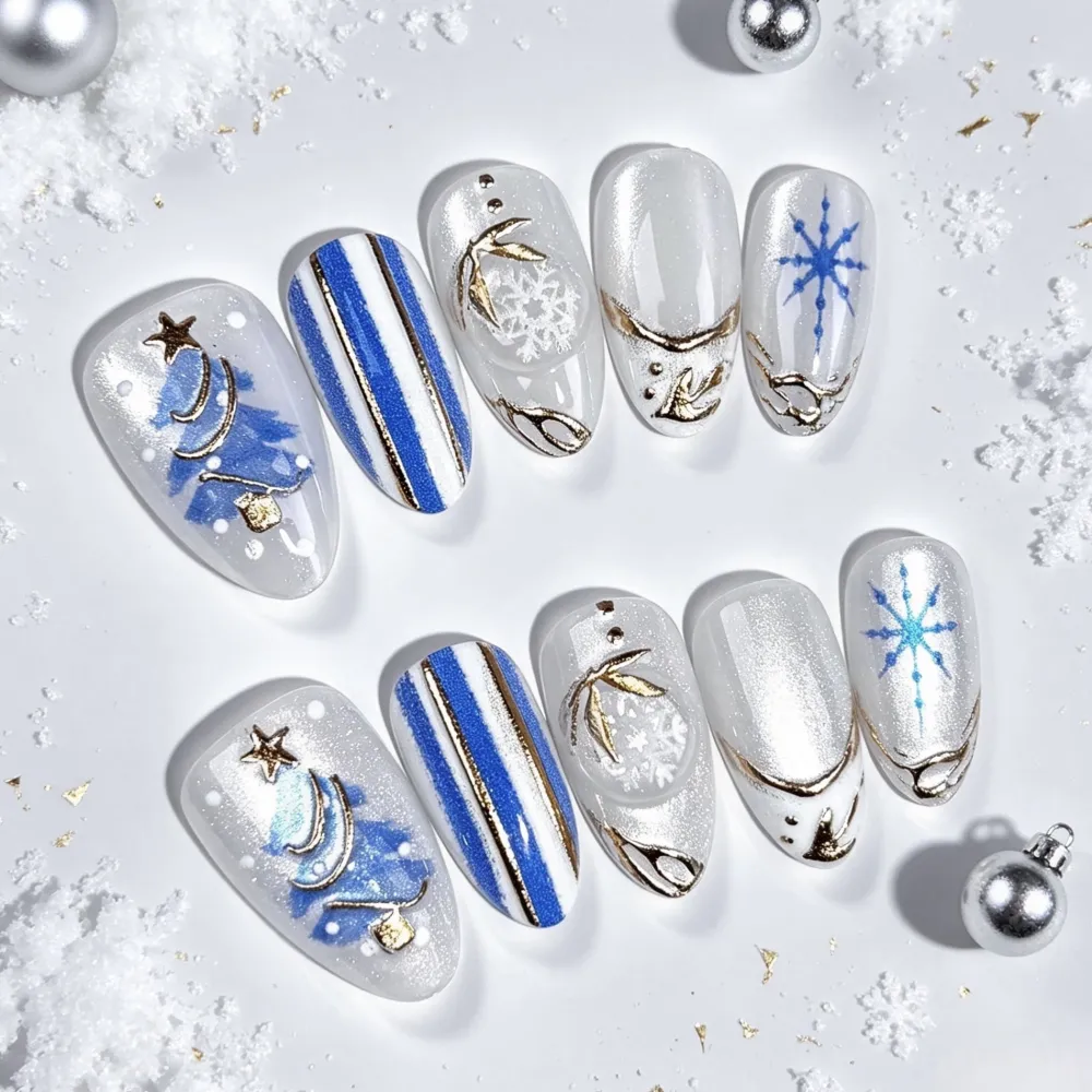 Nailhour 30Pcs Christmas French Gilded 3D Short Almond Press On Nails