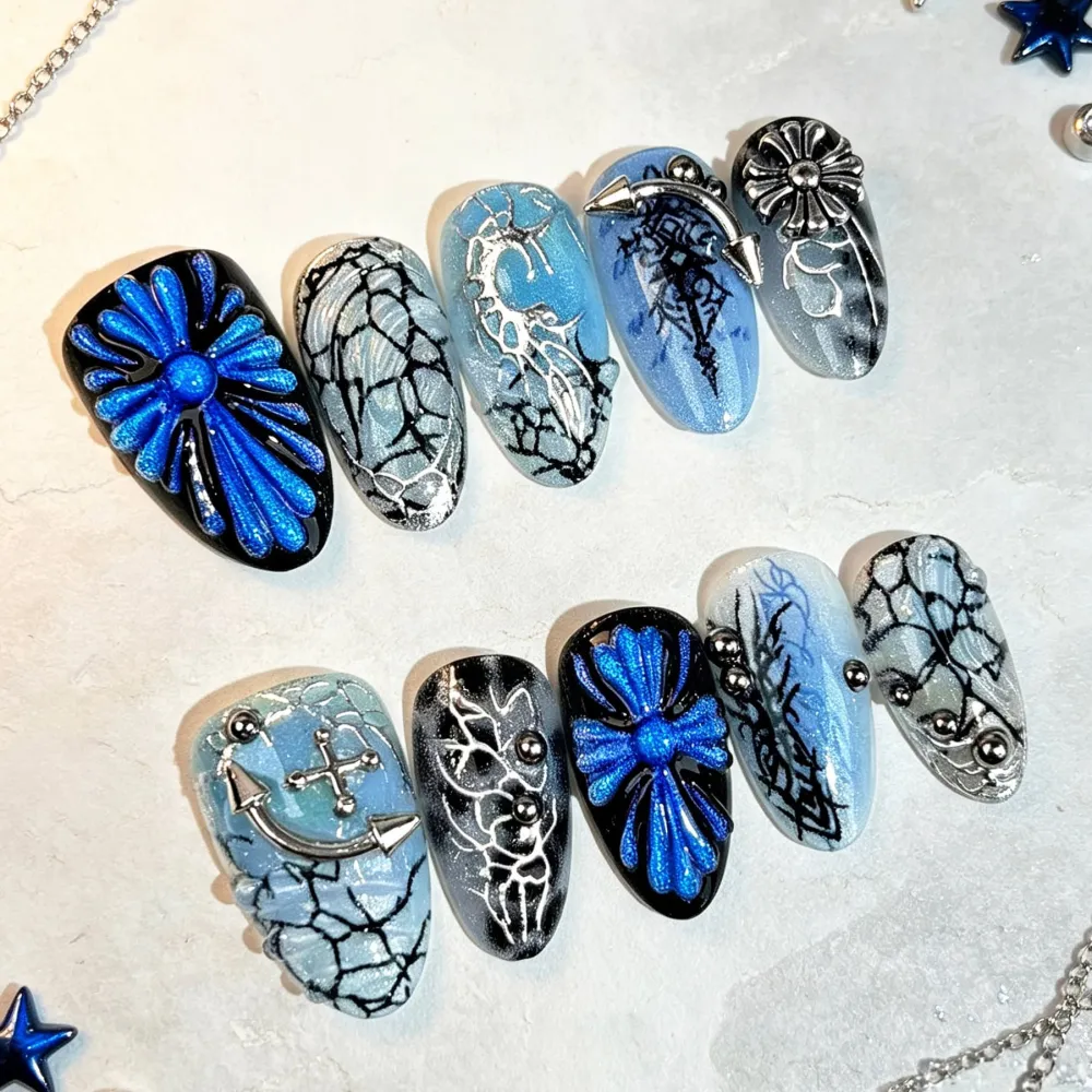 Nailhour 30Pcs Chrome Hearts Glacier Blue Medium Almond French Press On Nails