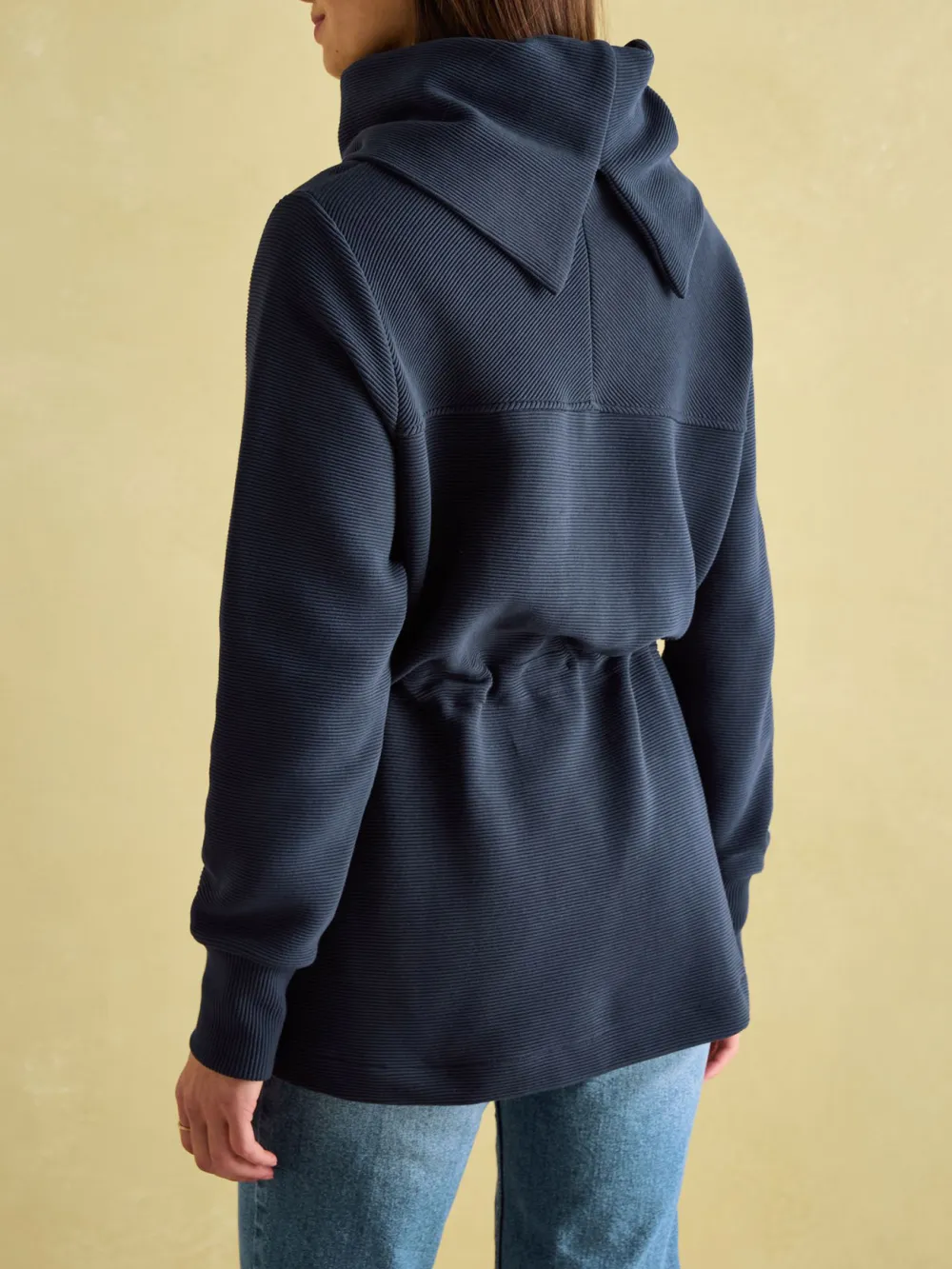 Adjustable Waist Navy Cowl Neck Sweatshirt