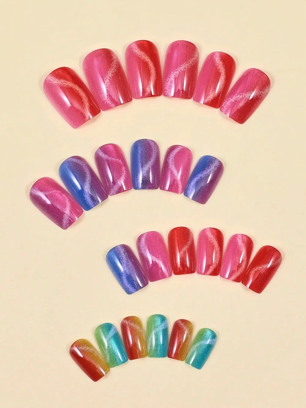 Nailhour 24pcs Rainbow Square Short Fake Nails Colorful Cat Eye Glitter Press On Nails