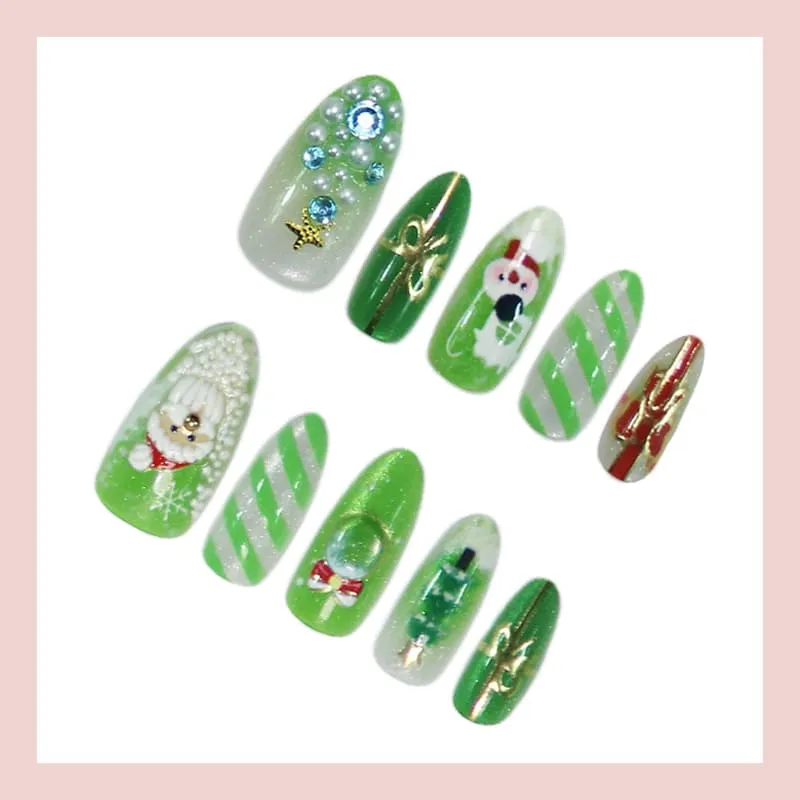Nailhour 30Pcs Christmas Green Medium Almond French Press On Nails