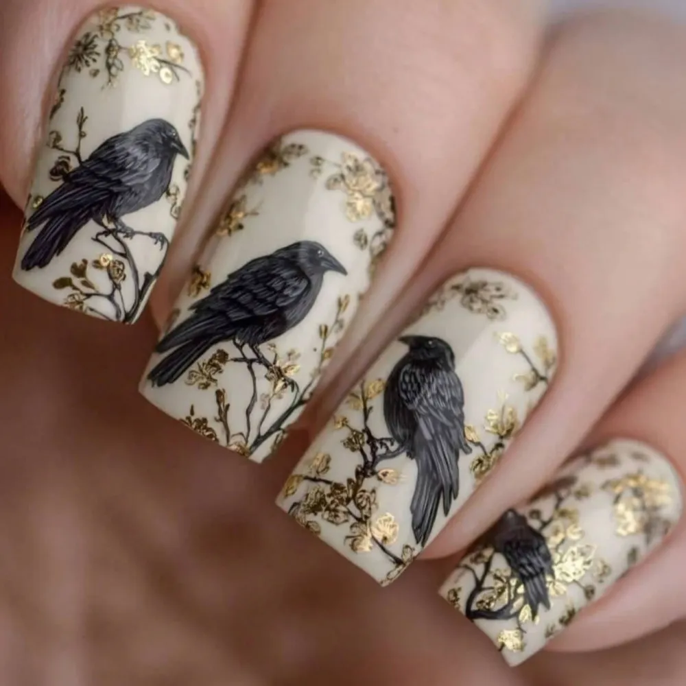Nailhour 24Pcs Medium Square Gold-Plated Magpie Press On Nails