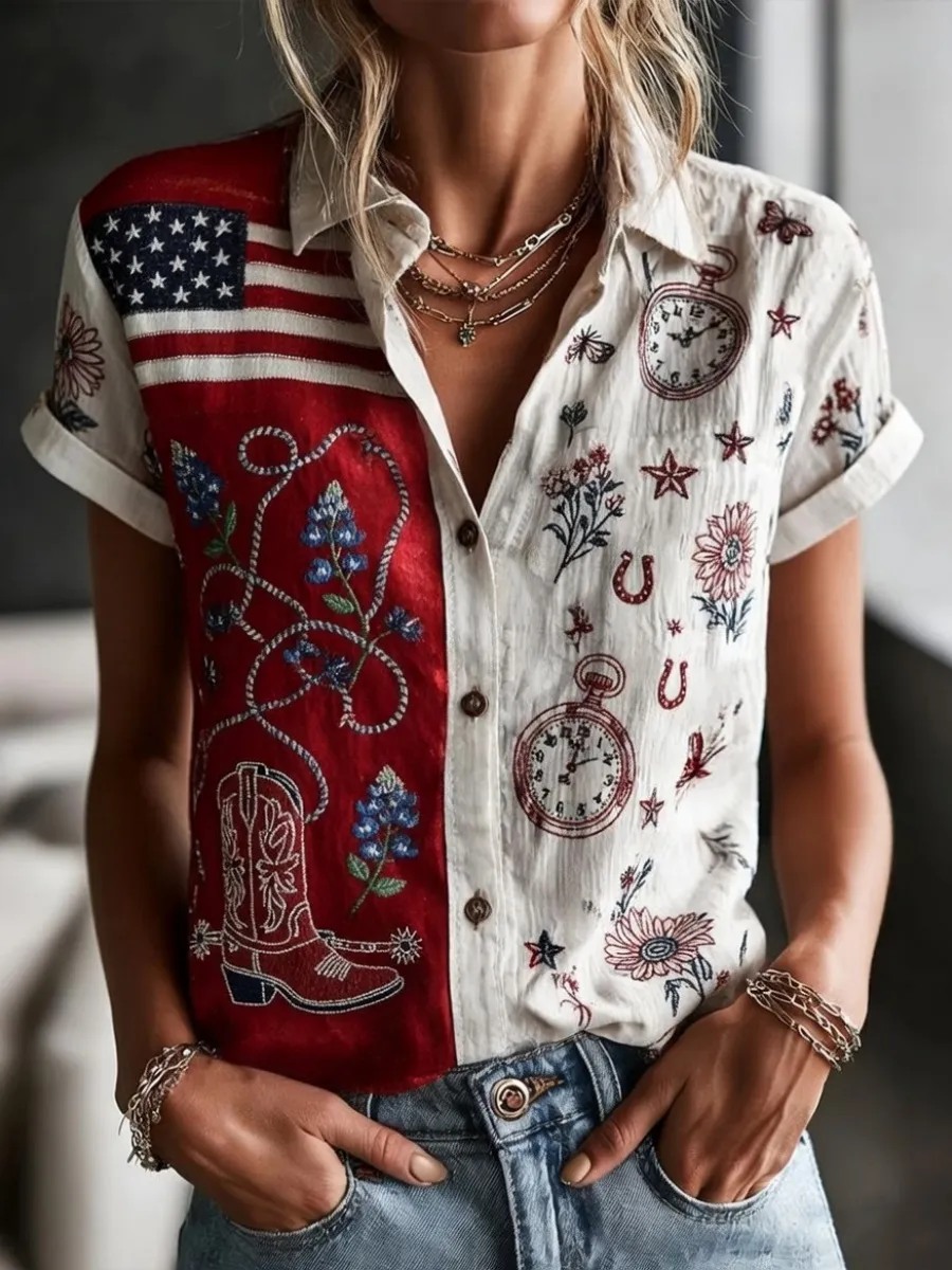250th Anniversary Independence Day Print Women's Linen Shirt