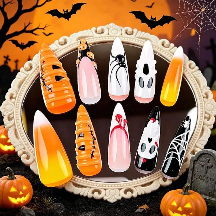 Nailhour 24Pcs Pumpkin Spider Halloween 3D Long Stiletto Press On Nails