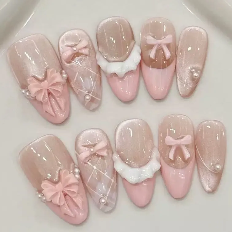 Nailhour 10Pcs French Date 3D Bow Pink Rhinestone Medium Almond Press On Nails