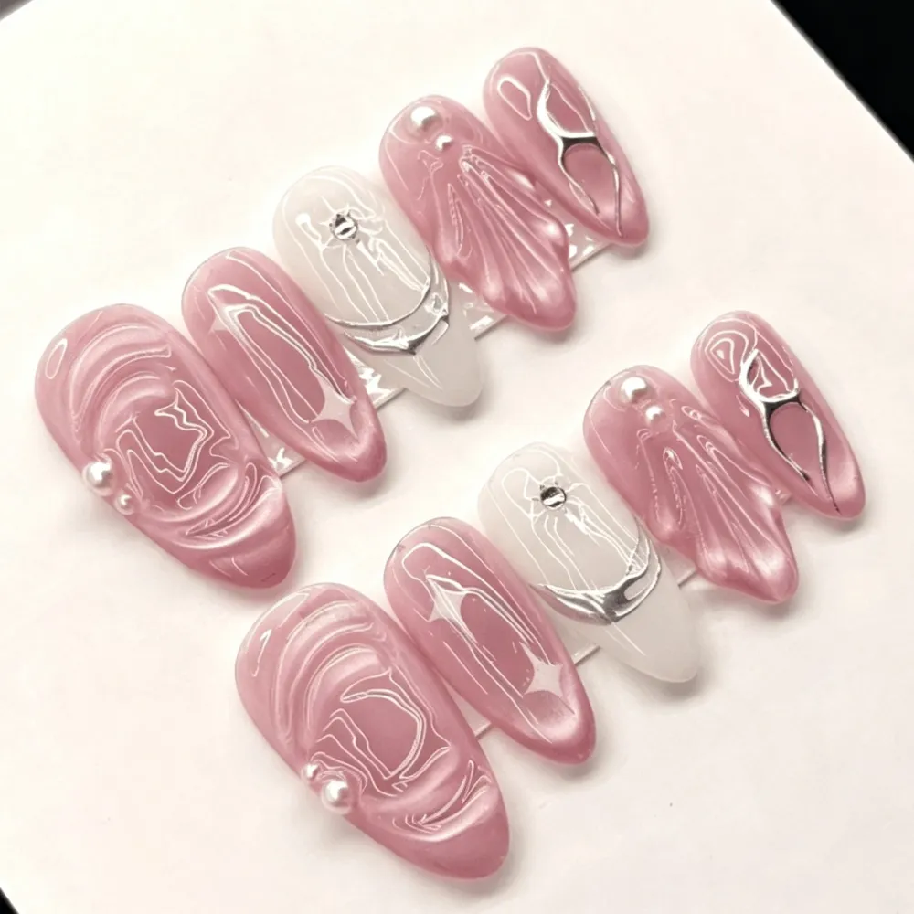 Nailhour 30Pcs 3D Pink Cat Eye Rhinestone Medium Almond Press On Nails