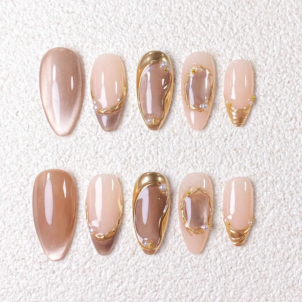 Nailhour 10Pcs Gilded Autumn Medium Almond Press On Nails