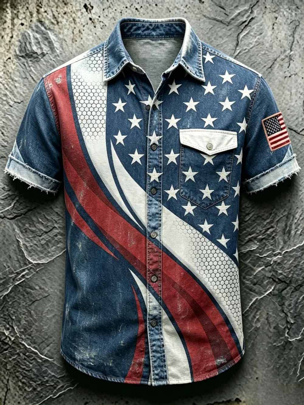 Men'S Casual American 250Th Anniversary Flag Printed Pocket Short Sleeved Shirt