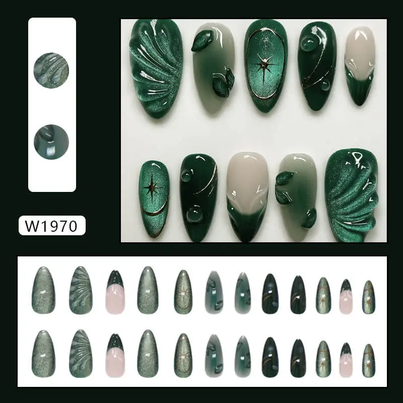 Nailhour 24Pcs 3D Resin Cat Eye Medium Almond Press On Nails