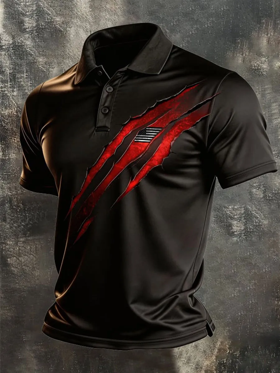 Men'S Retro Patriotic Color-Block Short-Sleeve Polo Shirt