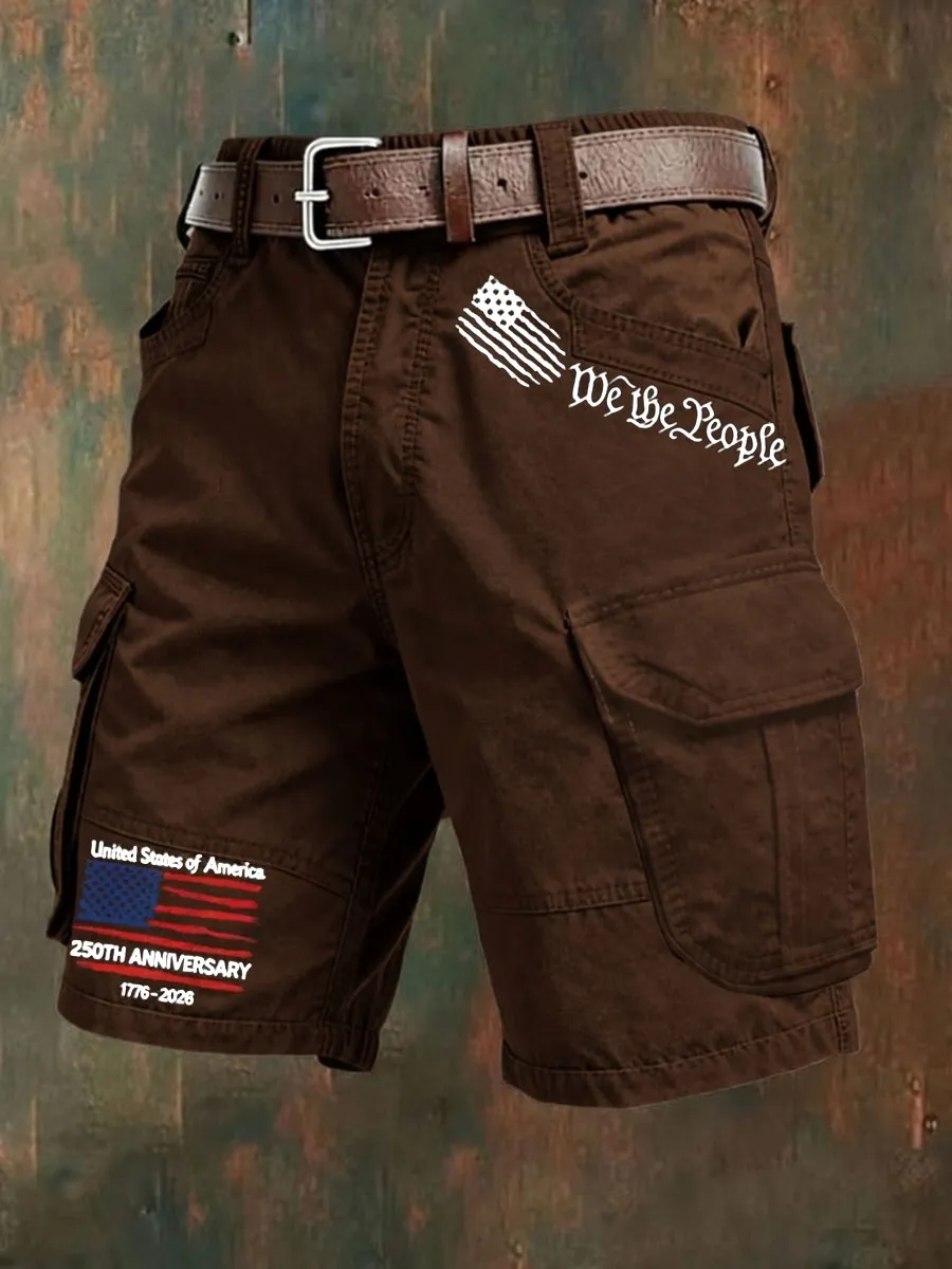 Men's Retro Flag Cross Multi-Pocket Print Cargo Shorts