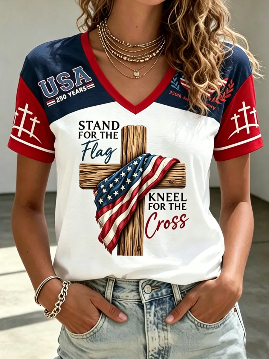Women's America's 250Th Anniversary Stand For The Flag Kneel For The Cross Faith Christian Cross Print T-Shirt