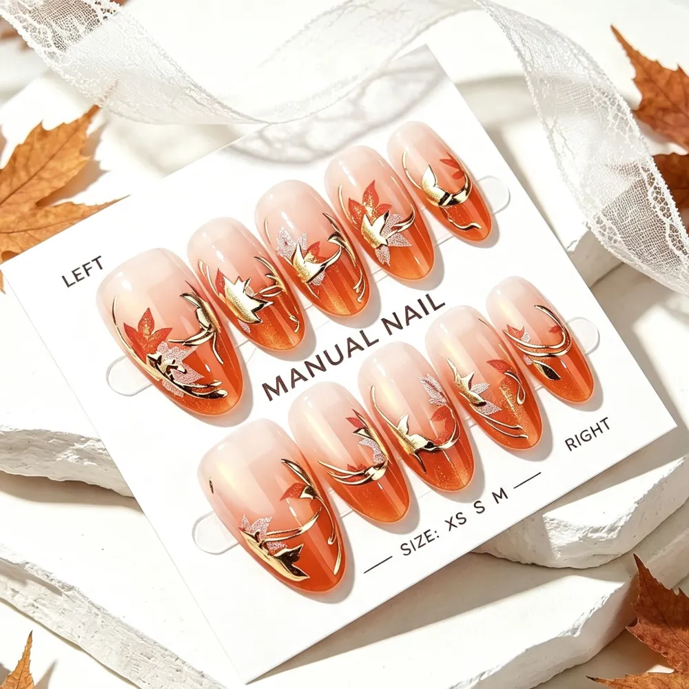 Nailhour 30Pcs Floral 3D Maple Leaf Medium Almond French Press On Nails