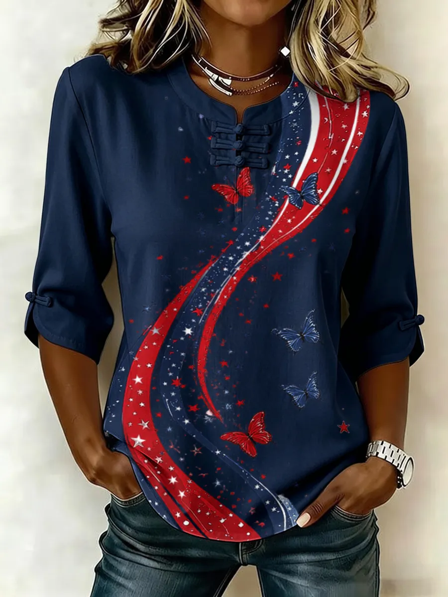Women's Retro Flag Print Cotton Linen Top