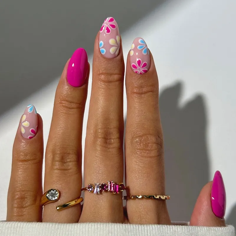 Nailhour Pink 30Pcs Floral Almond Summer Press On Nails