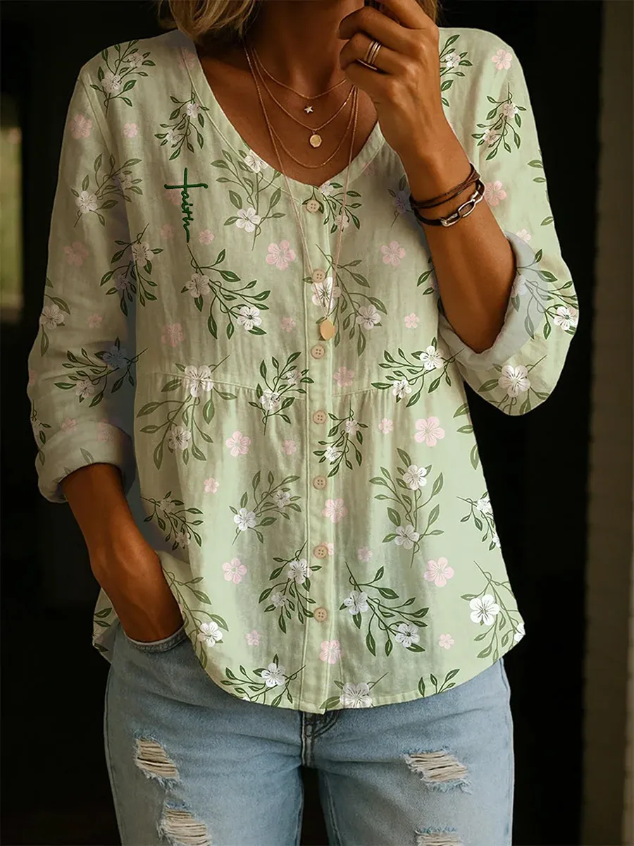 Women'S Loose Casual Floral Faith V-Neck Cardigan Shirt