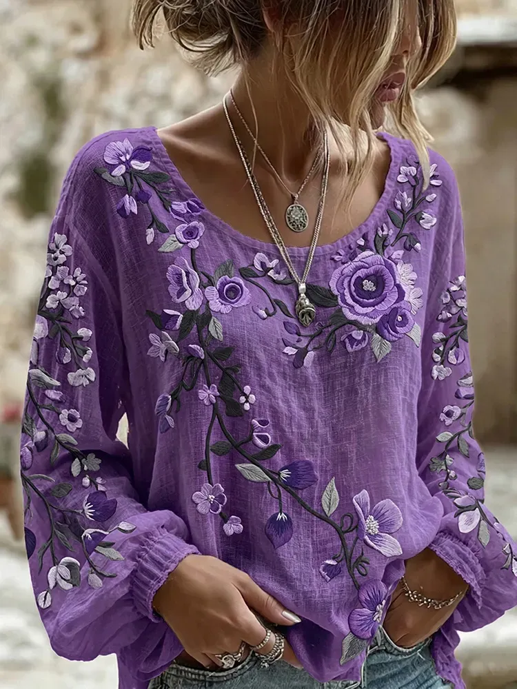 Women's printed purple artistic round neck shirt
