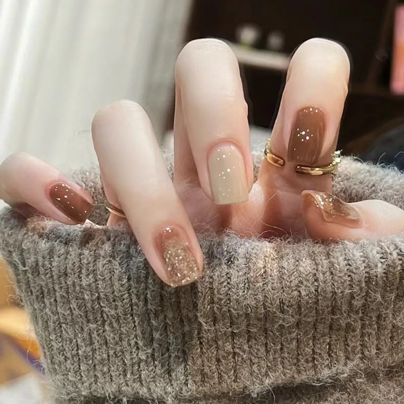 Nailhour 24Pcs Autumn French Glitter Short Square Brown Press On Nails