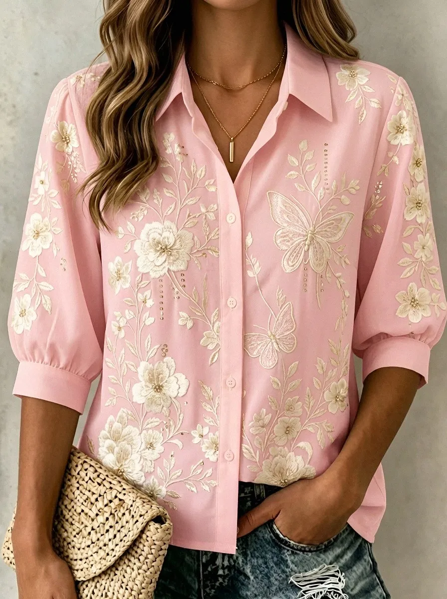 Women's Breast Cancer Awareness Butterfly Floral Embroidered Button-up Shirt