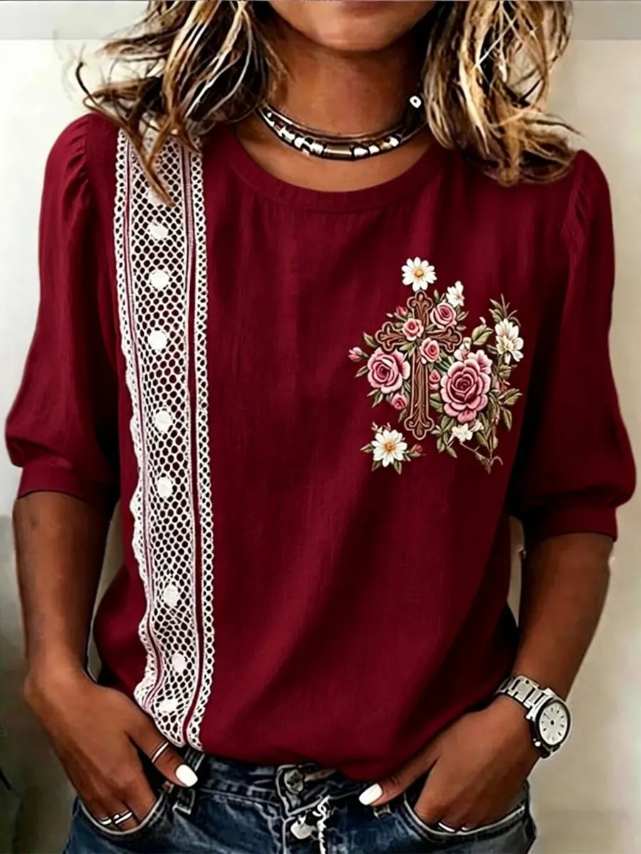 Women'S Cotton And Linen Floral Print Top