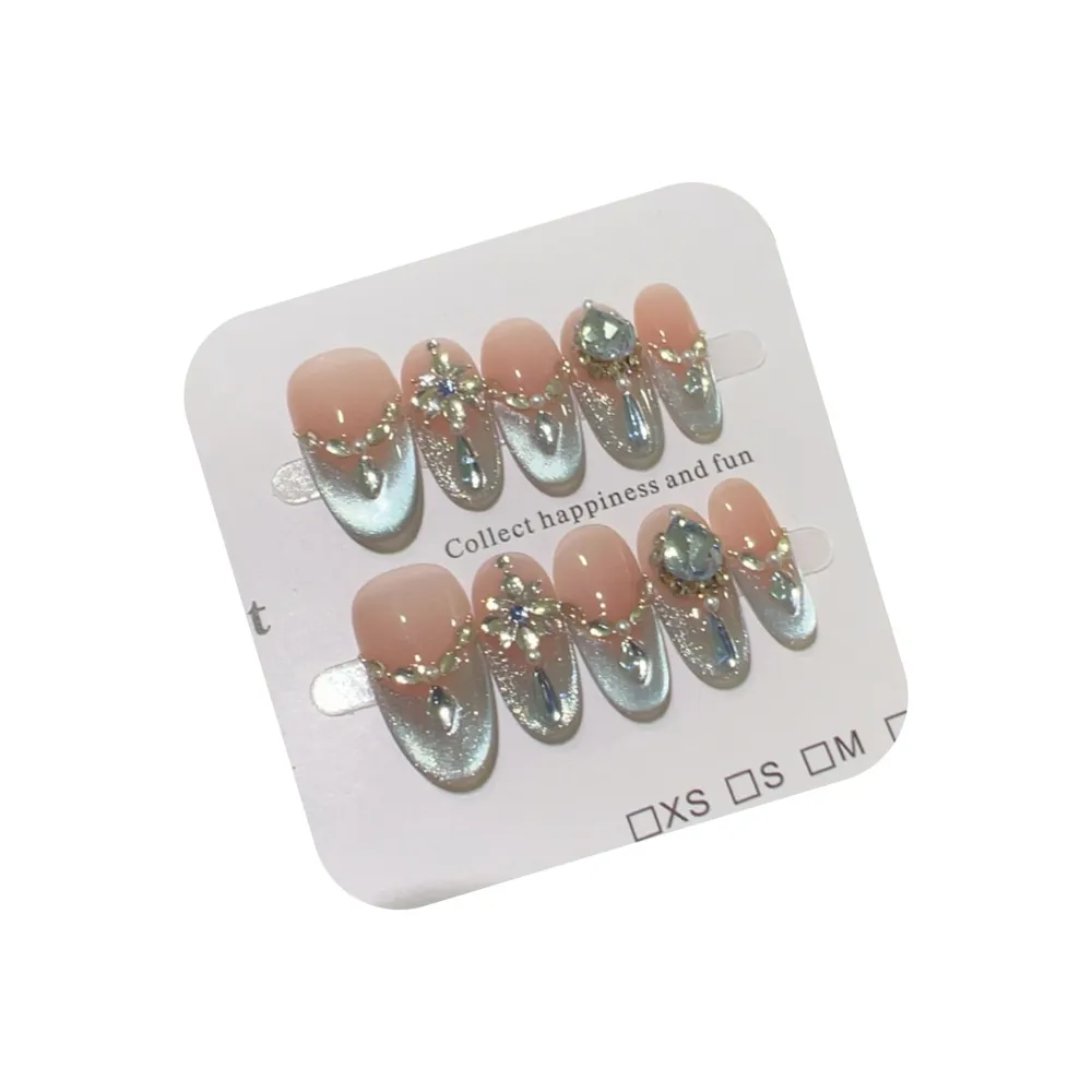 Nailhour 10Pcs French Gradient Rhinestone Cat Eye 3D Blue Medium Oval Press On Nails