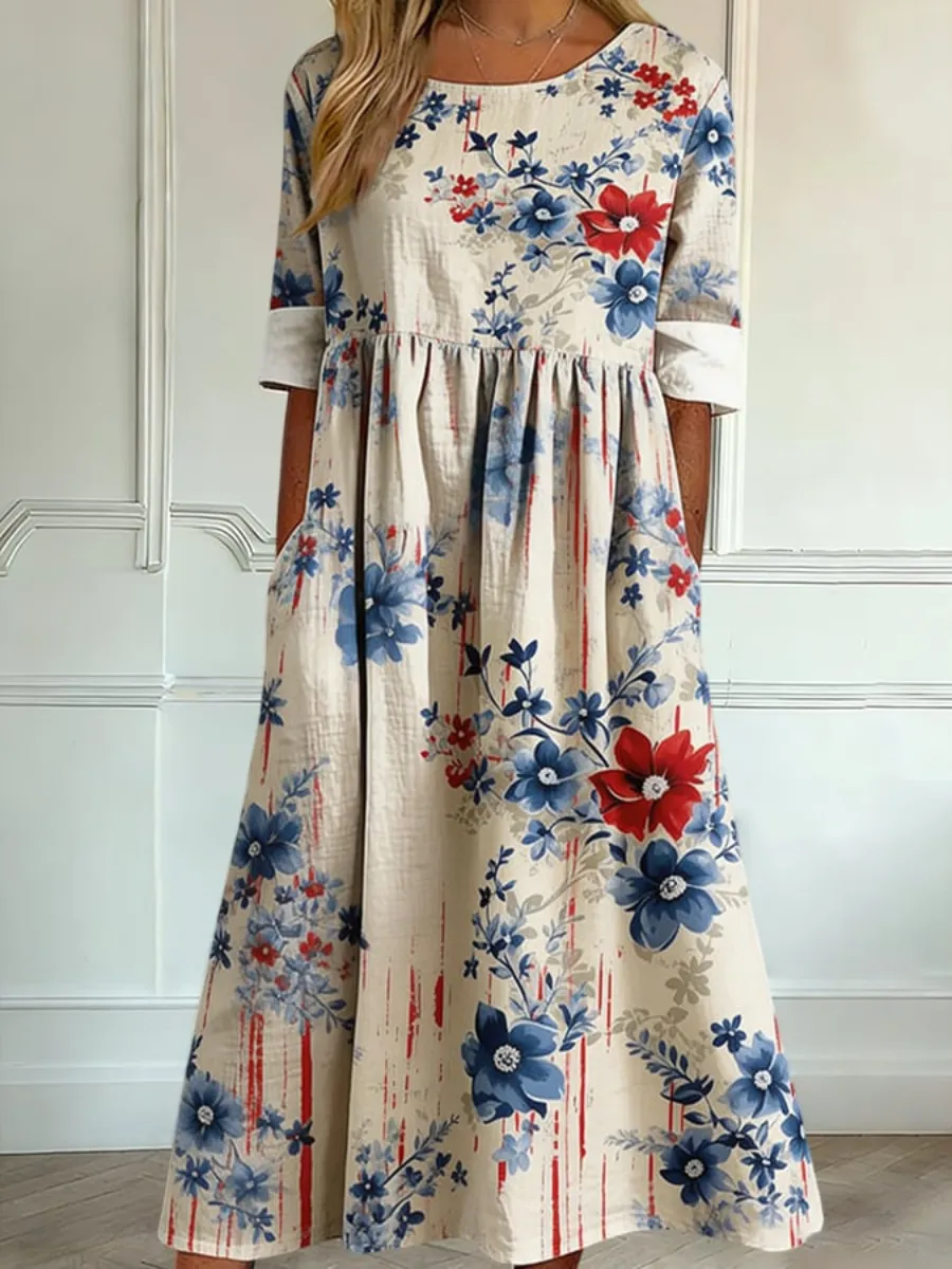 Women's Vintage Floral Flag Art Print Dress