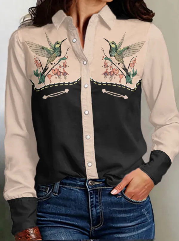 Women's Love Fruit Bird Print Western Long Sleeve Shirt