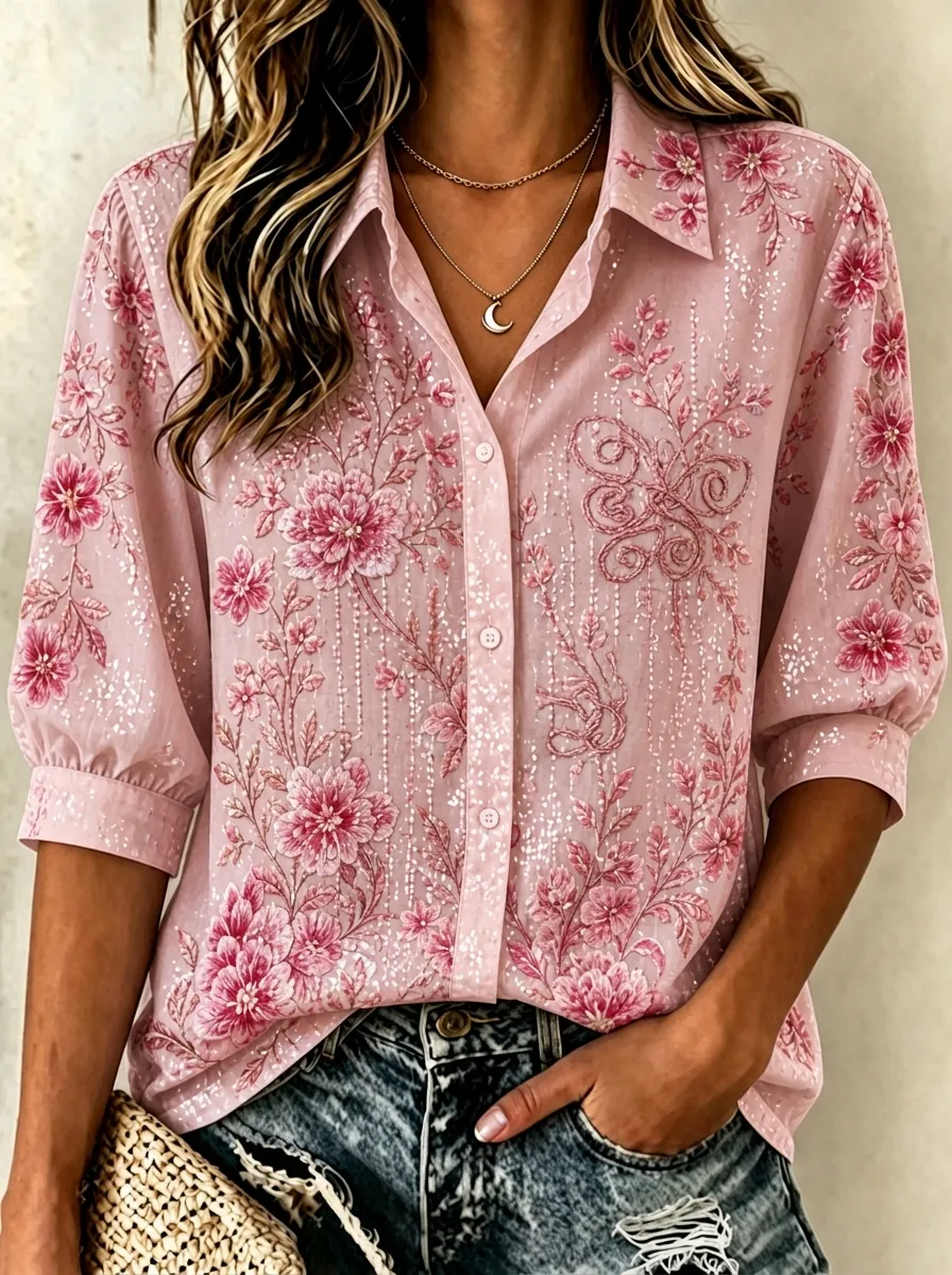 Women's Breast Cancer Awareness Pink Floral Embroidered Printed Shirt