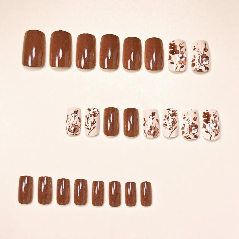 Nailhour 24pcs Autumn Floral Medium Square Press On Nails