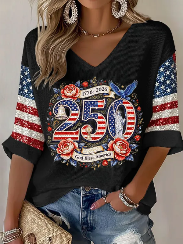 Women's American Flag Printed Casual Waffle Long Sleeve T-shirt
