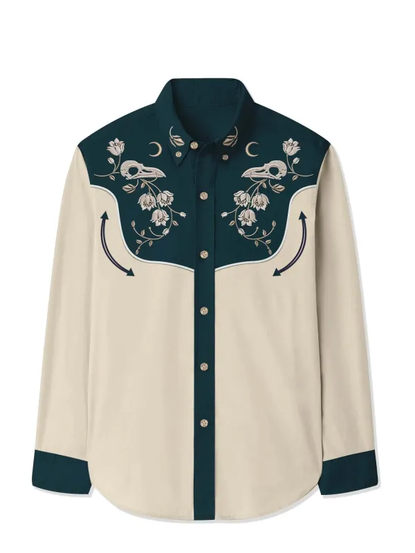 West Sheep Skulls And Flowers Printed Hawaiian Shirt For Men Button-down Shirt Long Sleeve 100% Cotton Shirt