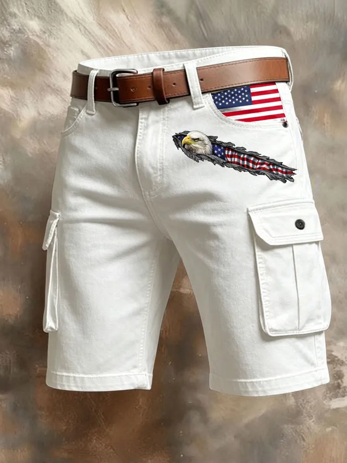 Men'S Retro American Flag Printed Multi Pocket Design Cargo Pants
