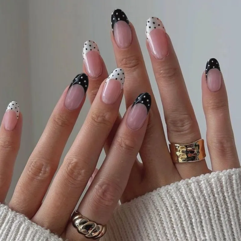 Nailhour 24pcs Polka Dots Almond French Black-white Press On Nails