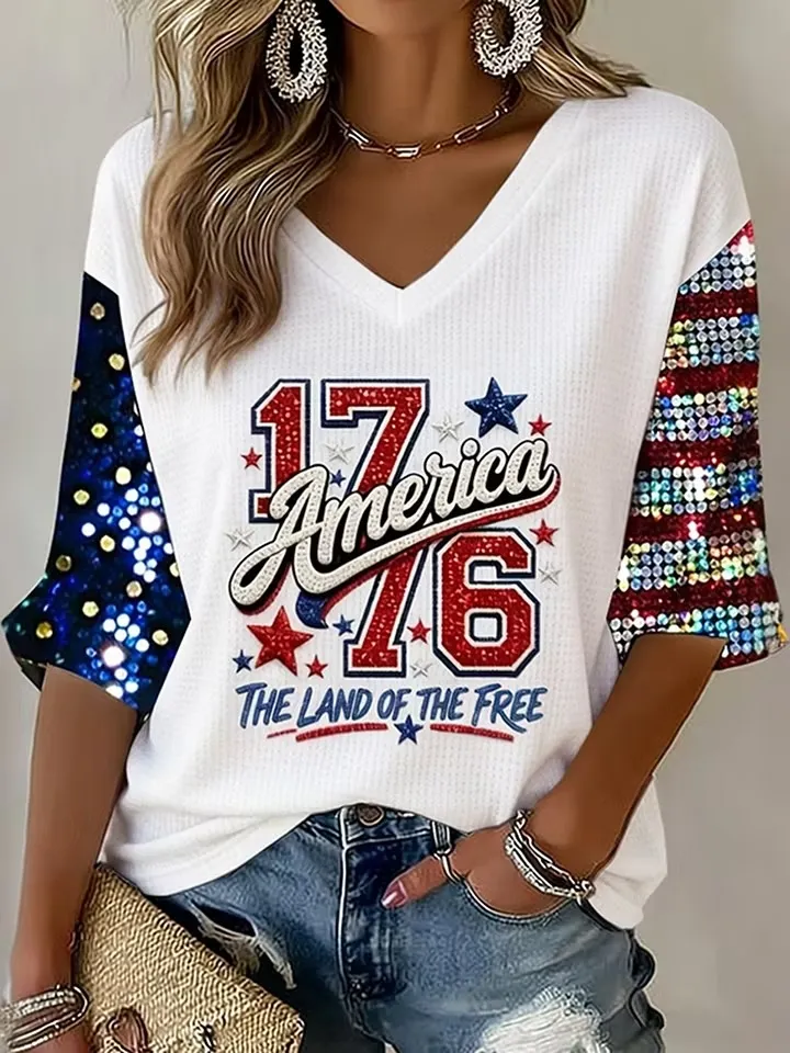 Ladies' Casual American Independence Day 1776 Personalized Printed V-Neck Mid Sleeve Top