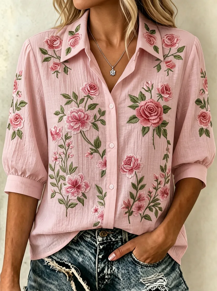Women's Breast Cancer Awareness Pink Rose Floral Embroidered Button-up Shirt