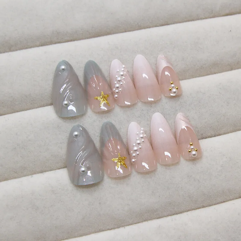 Nailhour 24Pcs 3D Gradient Medium Almond French Press On Nails