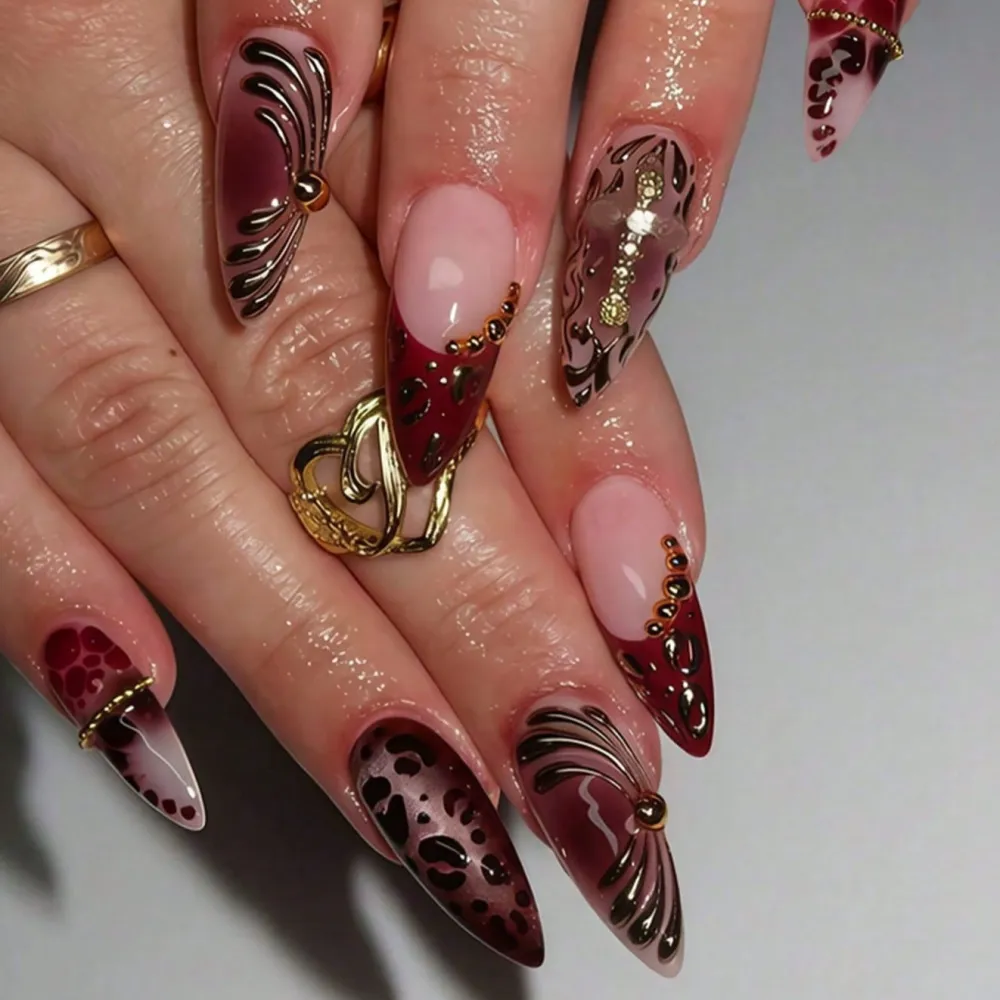 Nailhour 24Pcs Handmade Vintage Y2K Red Long Almond Press On Nails