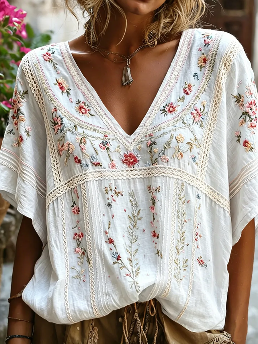 Women's Boho Floral Embroidered Lace Trim V-Neck Blouse