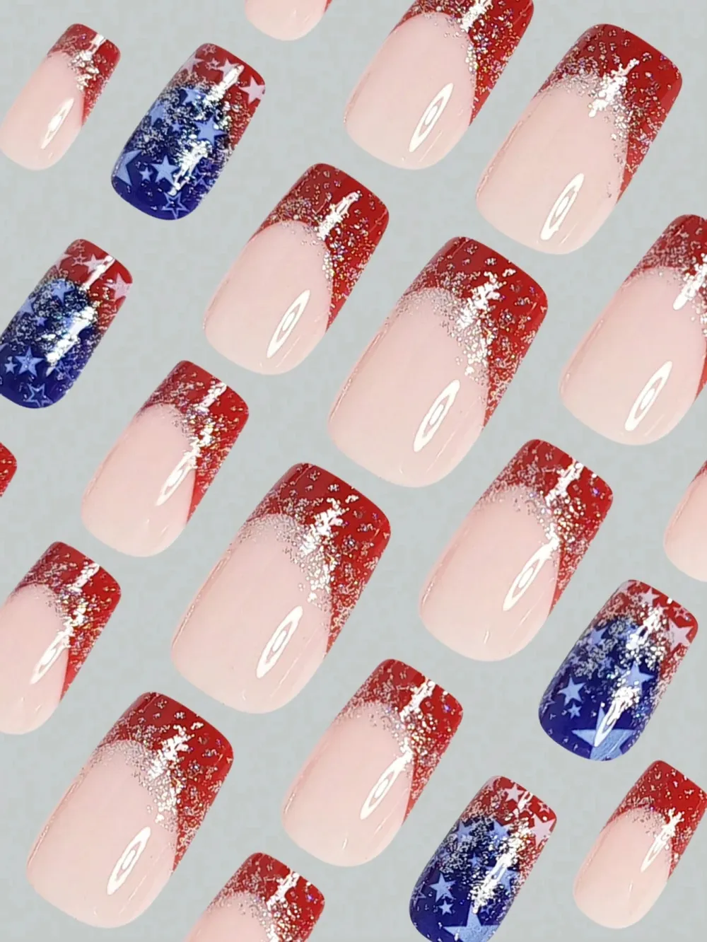 Nailhour 24pcs Medium Square 4th Of July Nail Art French Stiletto Dreamy Silver Glitter Press On Nails