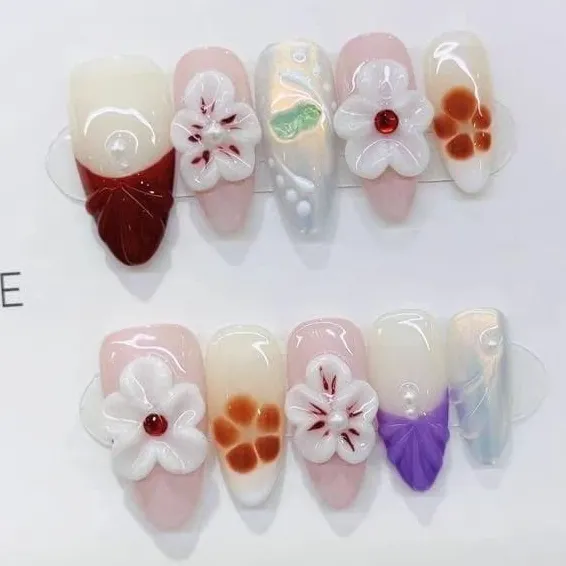 Nailhour 10Pcs Floral 3D Medium Almond Press On Nails