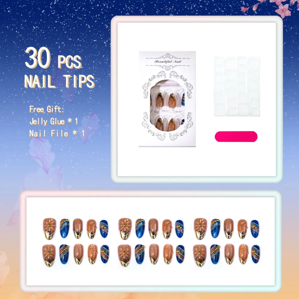 Nailhour 30Pcs Floral 3D Cat Eye Medium Almond Gradient French Press On Nails