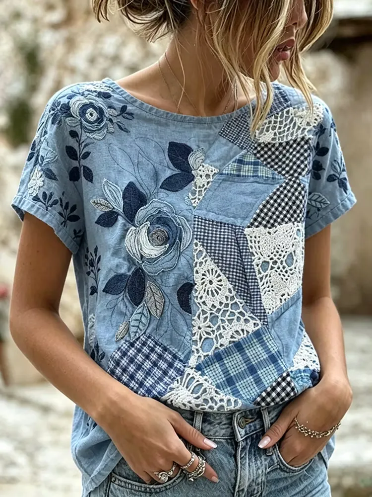Retro Plant And Flower Pattern Quilt Design Casual Linen Short-sleeve T-shirt