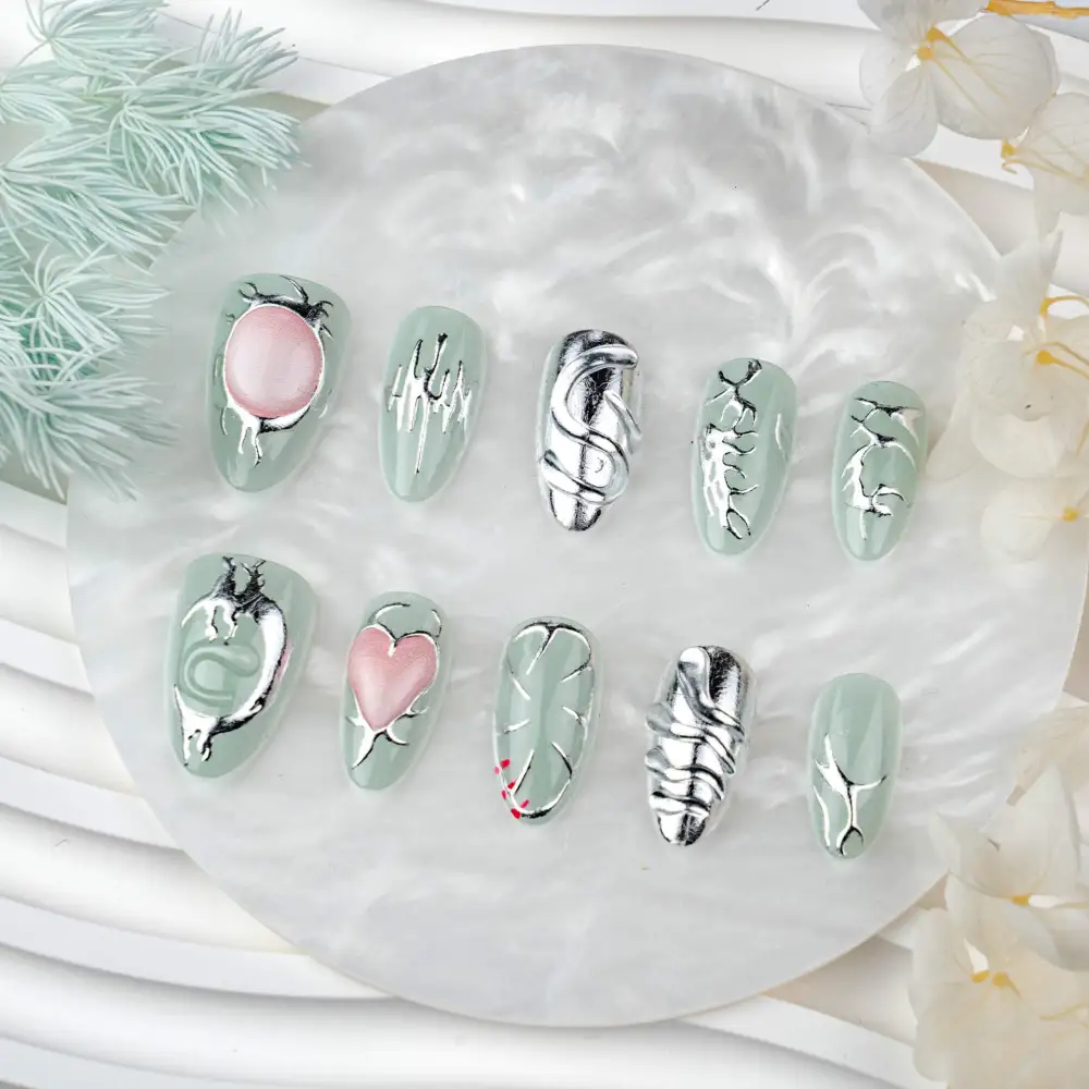 Nailhour 30Pcs Nude Cat Eye Chrome Medium Almond Press On Nails