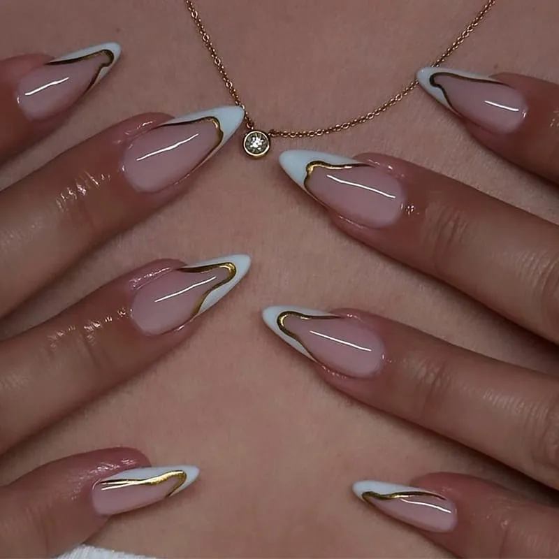 Nailhour 24Pcs 3D Medium Almond French Press On Nails