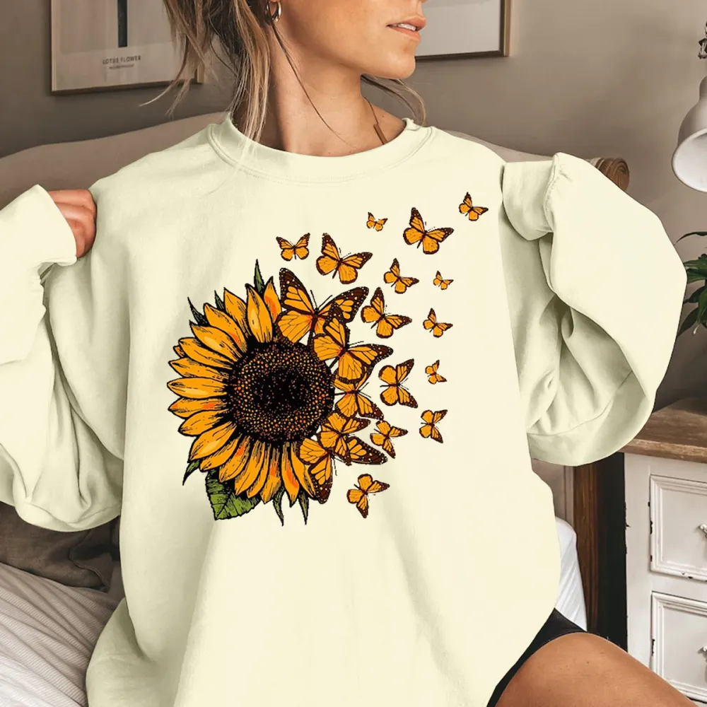 Sunflower Butterfly Accent Graphic Sweatshirts