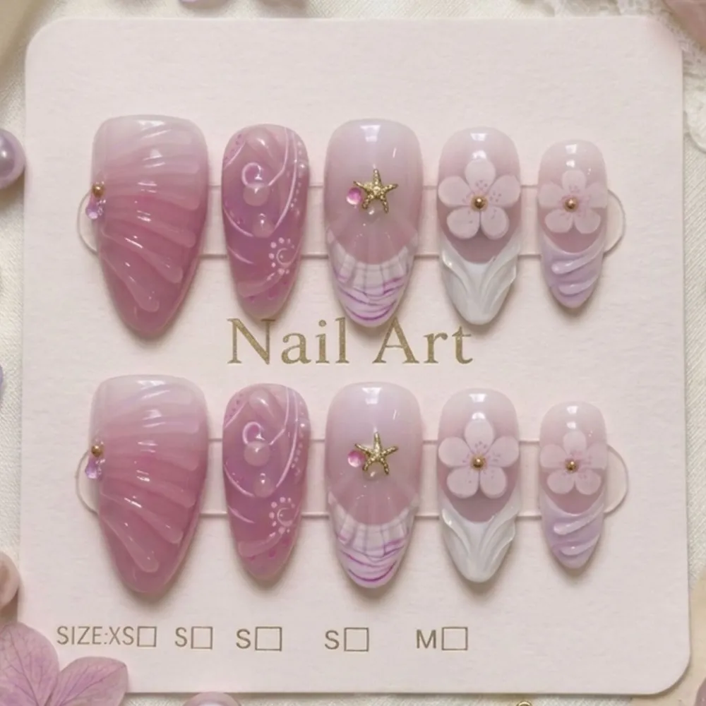 Nailhour 30Pcs Gradient Wave Pattern Medium Almond French Press On Nails