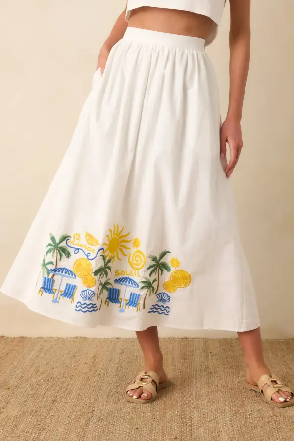 Embroidered Cotton Blend Midi Skirt