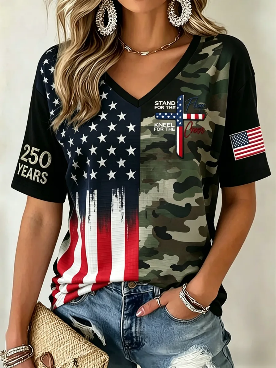 Women'S Independence Day 250Th Anniversary Printed V-Neck T-Shirt